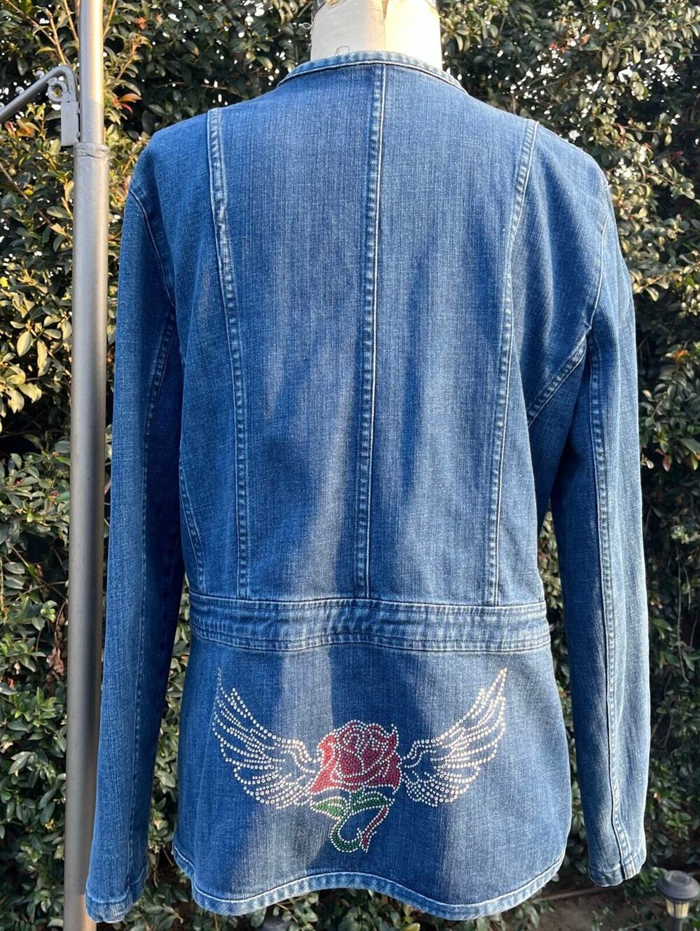 Y2K JM Collection Denim Rose Rhinestone Studded Embellished Blue Jean Jacket